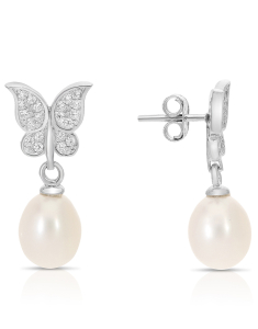 Cercei lungi dama, Cercei argint 925 stud lung cu perle de cultura si fluture cu cubic zirconia OTC-GCE186, bb-shop.ro
