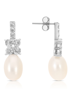 Cercei lungi dama, Cercei argint 925 stud lung cu perle de cultura si floare cu cubic zirconia OTC-GCE201, bb-shop.ro